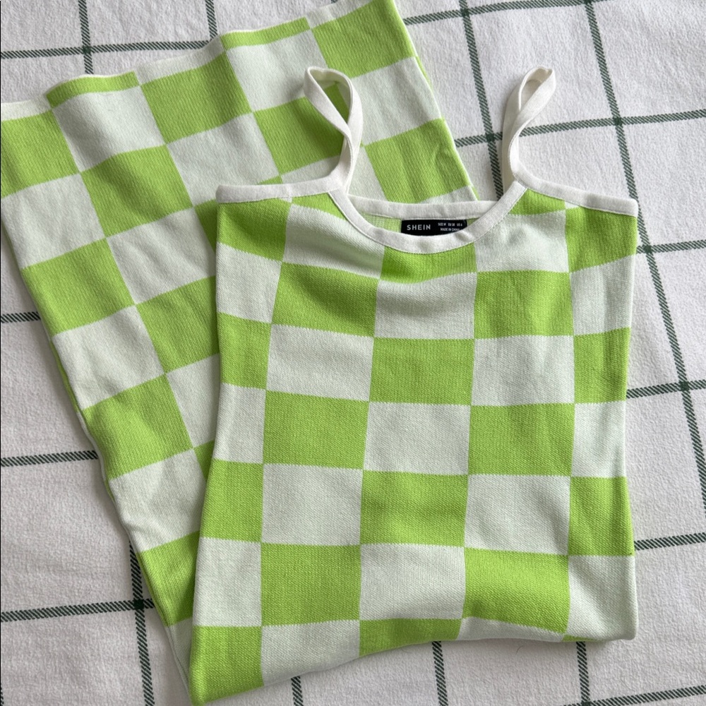 SHEIN Lime Green and White Checkered Sweater Bodycon Dress